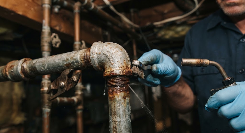 pipe leak repair Garfield NJ technician inspecting corroded copper joint