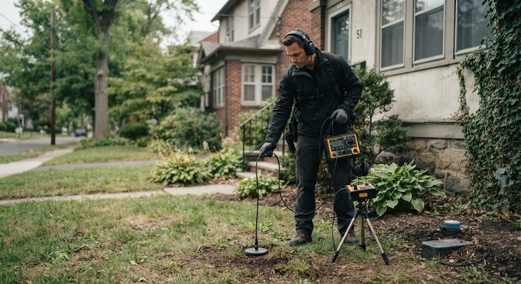 underground water line leak detection Garfield technician tracing buried supply pipe